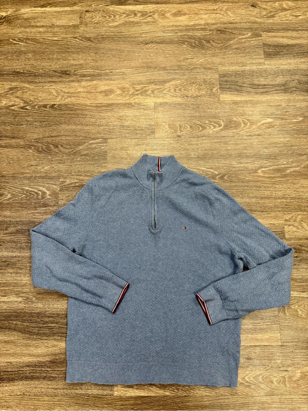 Tommy Hilfiger Men’s XL Blue Cotton Quarter Zip Flag Logo Knit Sweater